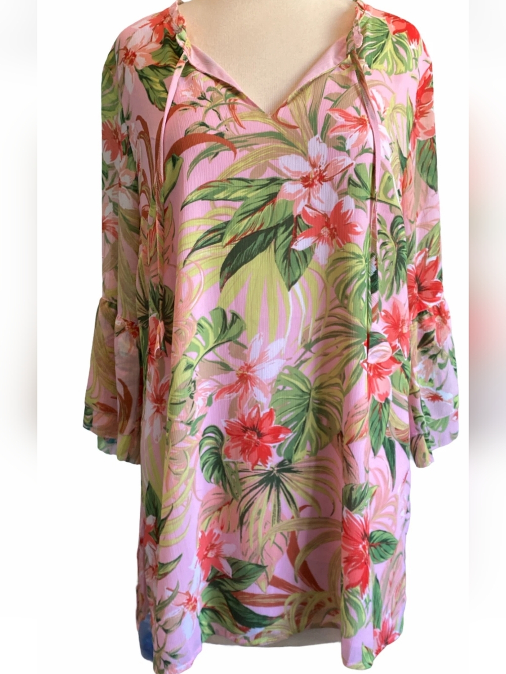 J. Jill Pink Tropical Floral Tie-Front Long Tunic Top XL Lined Side Slits